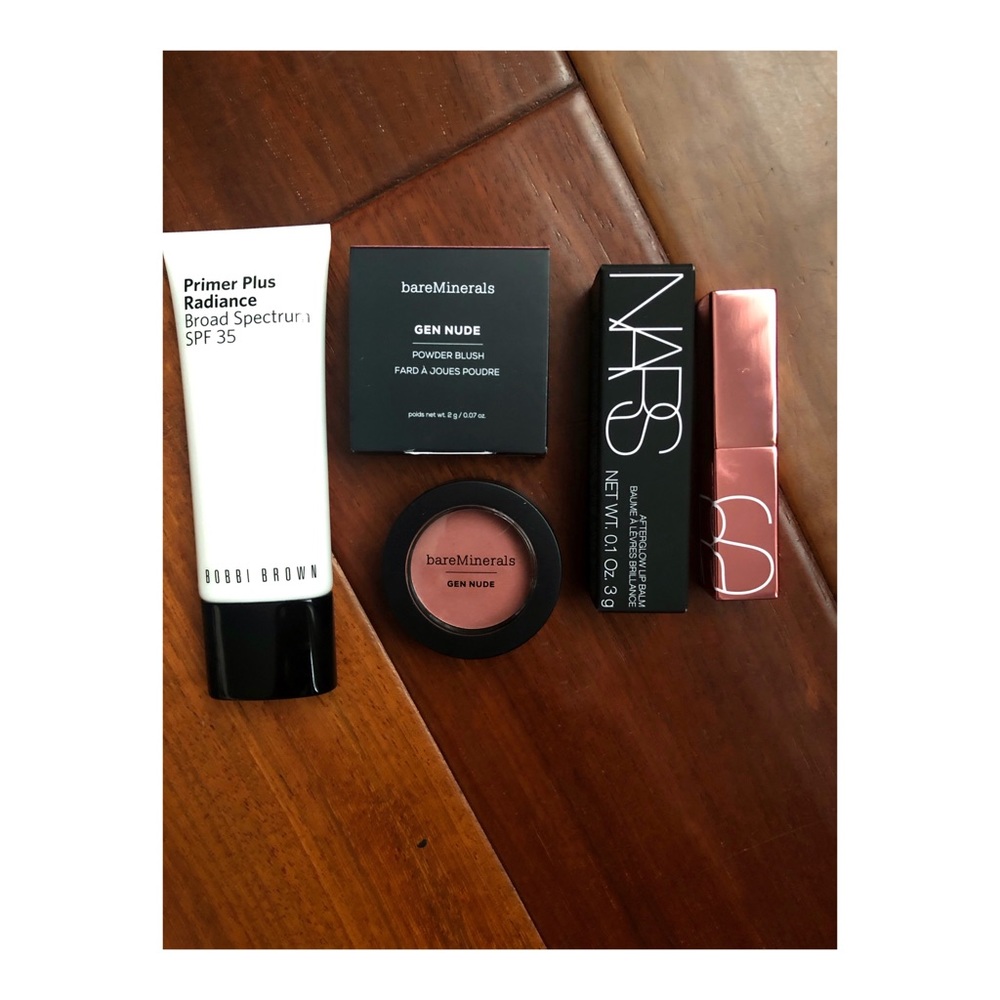 BOBBIE BROWN PRIMER, BARE MINERALS BLUSH, NARS LIP